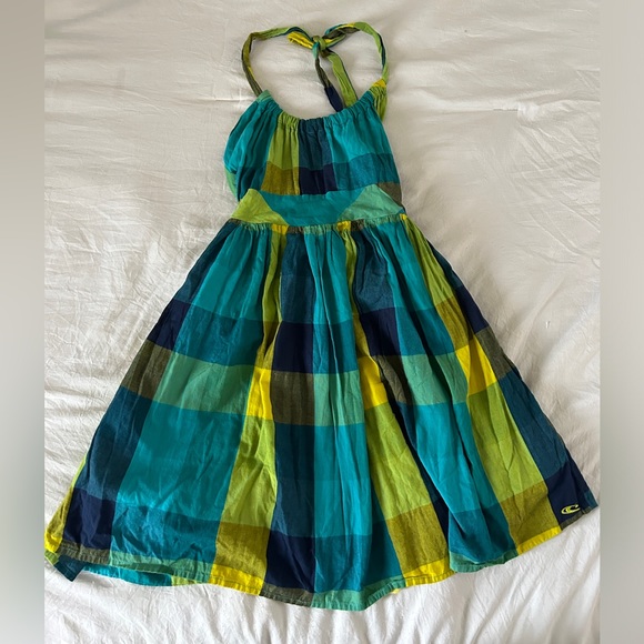 O’Neill Green Blue Plaid Y2K Halter Mini Dress Size M - Picture 4 of 9